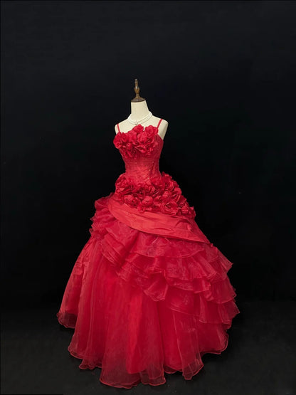 Ethereal Prom Ball Gowns Spaghetti Strap Red Organza Poofy Long With 3D Flowers Quince Dress inspo Quinceanera Dresses Vestidos De 15 anos RB7735