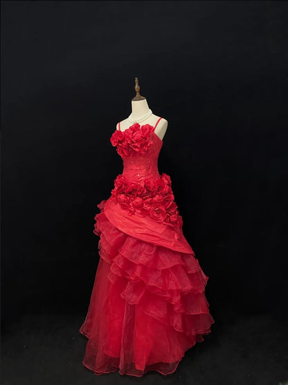 Ethereal Prom Ball Gowns Spaghetti Strap Red Organza Poofy Long With 3D Flowers Quince Dress inspo Quinceanera Dresses Vestidos De 15 anos RB7735