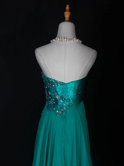 Vintage A line Sweetheart Chiffon High Low Green With Beads Bodice Long Prom Dresses Impress 20th Birthday Outfit Formal Gown AS285