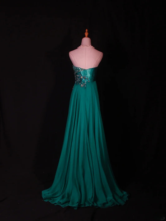 Vintage A line Sweetheart Chiffon High Low Green With Beads Bodice Long Prom Dresses Impress 20th Birthday Outfit Formal Gown AS285