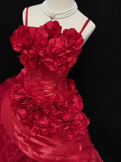 Ethereal Prom Ball Gowns Spaghetti Strap Red Organza Poofy Long With 3D Flowers Quince Dress inspo Quinceanera Dresses Vestidos De 15 anos RB7735