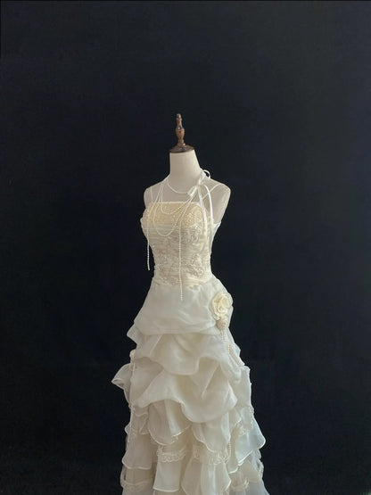Vintage 80s Ball Gown Straps Ivory Lace Floor Length With Layers Tiered Brides Gown Bridal Dress Wedding Dresses RB7736