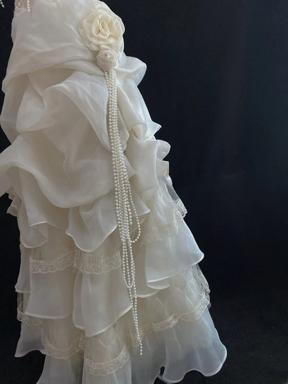 Vintage 80s Ball Gown Straps Ivory Lace Floor Length With Layers Tiered Brides Gown Bridal Dress Wedding Dresses RB7736