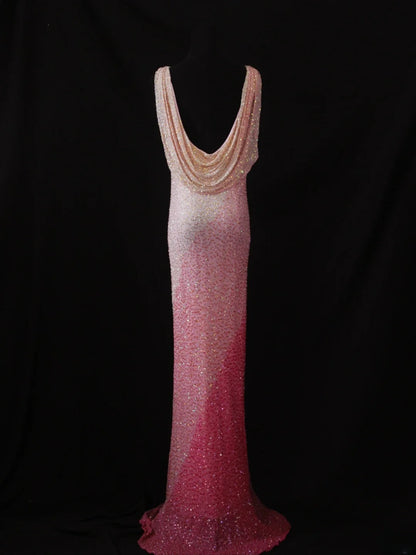 Vintage Sheath Pink Cowl Neck With Beads Bodice Long Prom Dresses Impress 20th Birthday Outfit Formal Gown AS287