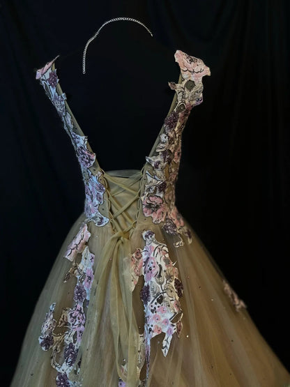 Vintage 90s Prom Dresses Ball Gown V Neck Olive Green Tulle With Appliqued Party Gown Formal Outfits RB6128
