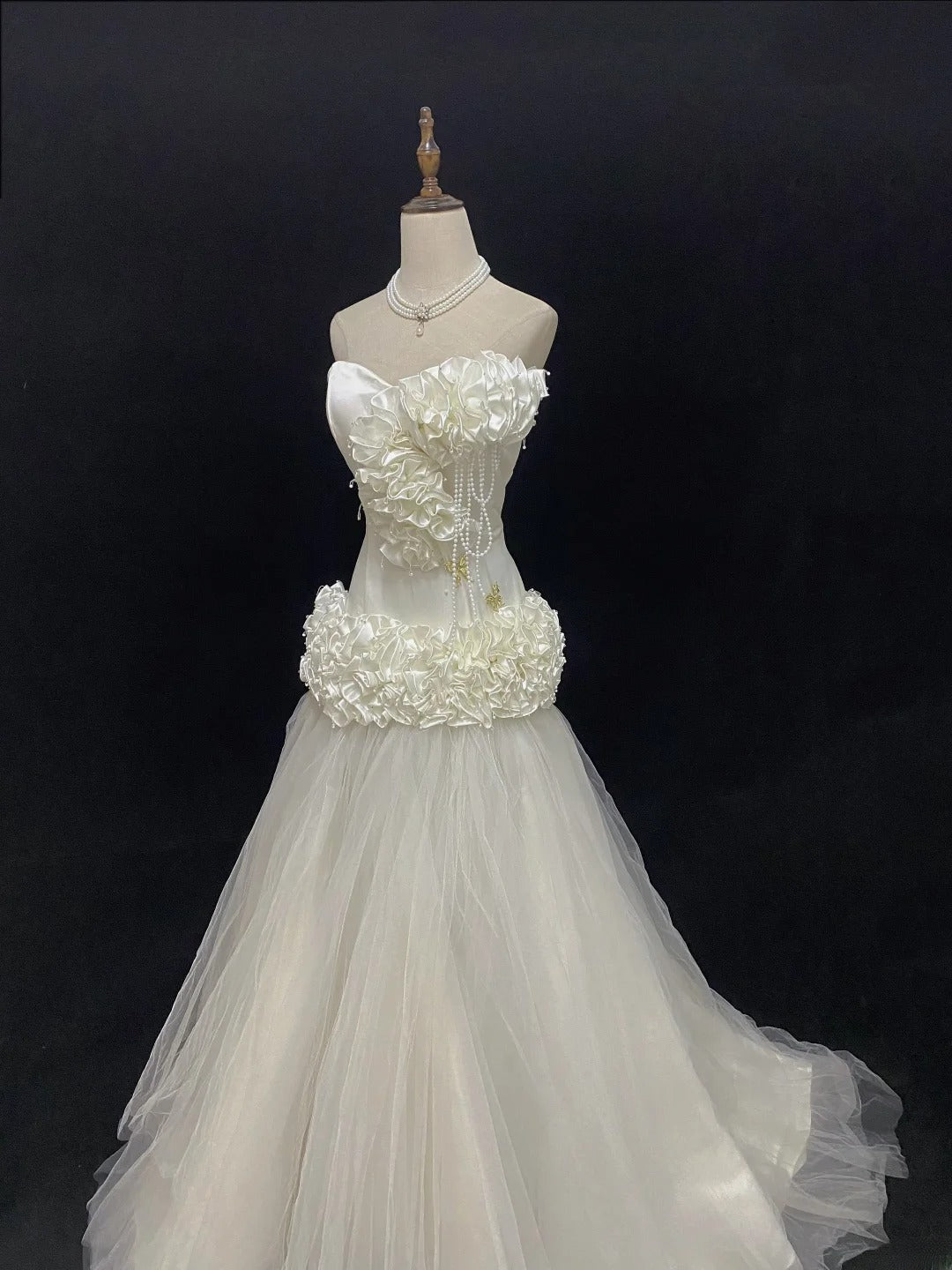 Vintage 80s Mermaid Sweetheart Ivory Tulle Floor Length With 3D Tiered Brides Gown Bridal Dress Wedding Dresses RB7737