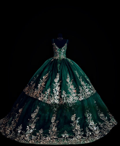 Sweet 16 Dress Dark Green Spaghetti Straps Lace Sleeveless Ball Gown Sweet Sixteen Dress RC0001