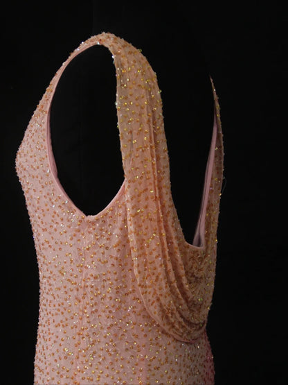 Vintage Sheath Pink Cowl Neck With Beads Bodice Long Prom Dresses Impress 20th Birthday Outfit Formal Gown AS287