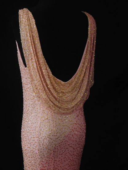 Vintage Sheath Pink Cowl Neck With Beads Bodice Long Prom Dresses Impress 20th Birthday Outfit Formal Gown AS287