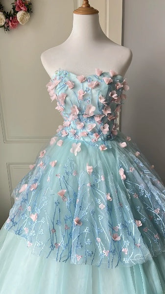 Sweet 15 Quinceanera Dress Ball Gown Strapless Blue With Flowers Long 16th Birthday Outfits RC0624