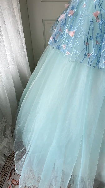 Sweet 15 Quinceanera Dress Ball Gown Strapless Blue With Flowers Long 16th Birthday Outfits RC0624