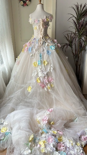 Sweet 15 Quinceanera Dress Ball Gown Off The Shoulder Tulle With 3D Flowers Long 16th Birthday Outfits RC0625