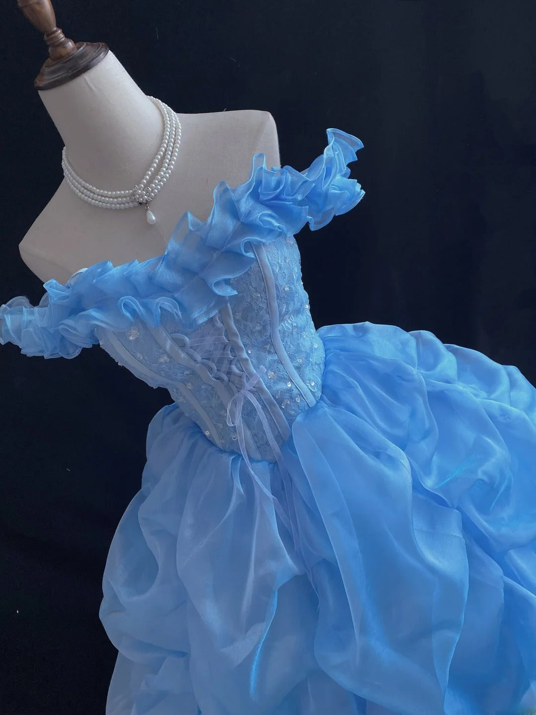 Ethereal Prom Ball Gowns Off The Shoulder Blue Organza Poofy Long With Tiered Layers Quince Dress inspo Quinceanera Dresses Vestidos De 16 anos RB7739