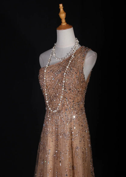 Retro 90s A line One Shoulder Champagne Tulle With Beads Bodice Long Prom Dresses Inspo 18th Birthday Outfit Formal Gown AS290