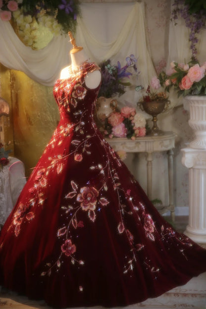 Tulle Sweet 16 Dress One Shoulder Burgundy With Appliques Ball Gown Sweet Sixteen Formal Party Gown RB9341