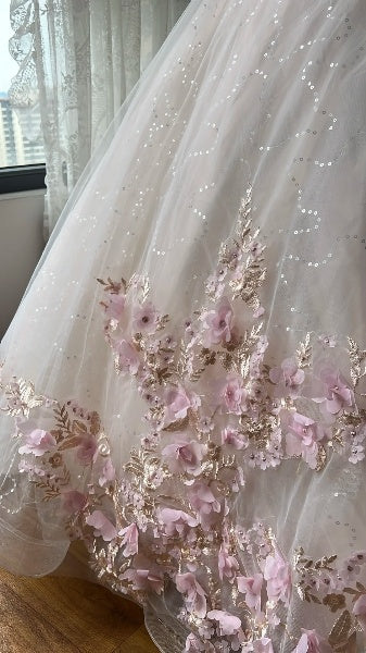 Sweet 15 Quinceanera Dress Ball Gown Scoop Pink Tulle With 3D Flowers Appliques Long 16th Birthday Outfits RC0626