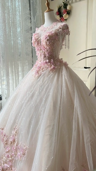 Sweet 15 Quinceanera Dress Ball Gown Scoop Pink Tulle With 3D Flowers Appliques Long 16th Birthday Outfits RC0626