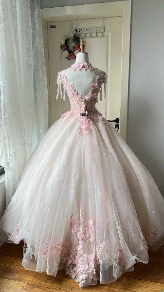 Sweet 15 Quinceanera Dress Ball Gown Scoop Pink Tulle With 3D Flowers Appliques Long 16th Birthday Outfits RC0626