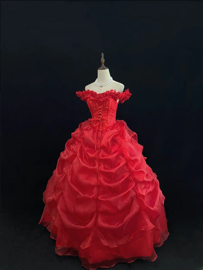 Princess Ball Gowns Off The Shoulder Red Organza Poofy Long With Tiered Layers Quince Dress inspo Quinceanera Dresses Vestidos De 16 anos RB7741