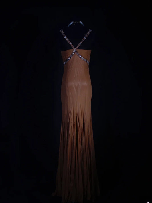 Vintage Mermaid 80s Halter Burnt Orange With Beads Long Prom Dresses Impress 20th Birthday Outfit Formal Gowns AS291