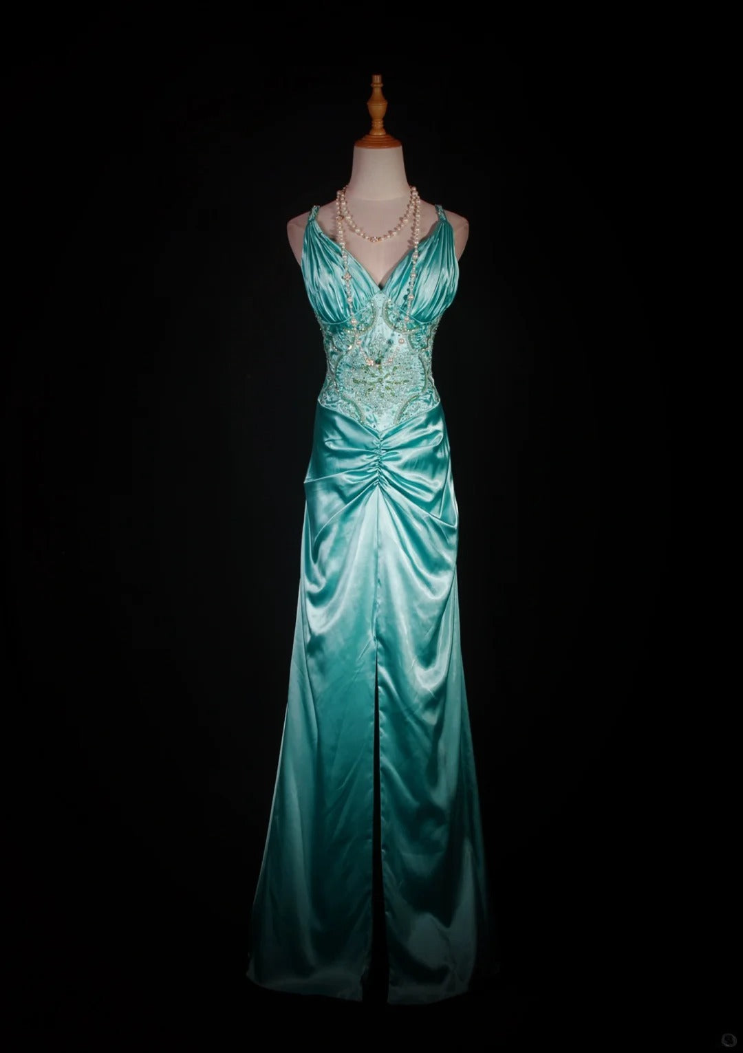 Vintage Mermaid Spaghetti Straps Tiffany Blue Satin Slit 1950s With Beads Bodice Long Prom Dresses Impress 18th Birthday Outfit Formal Gown AS292