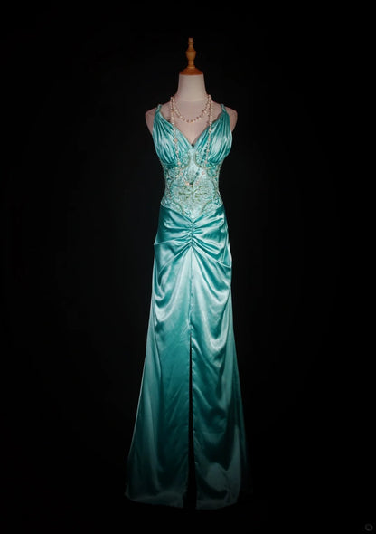 Vintage Mermaid Spaghetti Straps Tiffany Blue Satin Slit 1950s With Beads Bodice Long Prom Dresses Impress 18th Birthday Outfit Formal Gown AS292