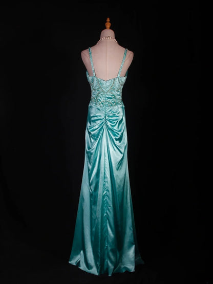 Vintage Mermaid Spaghetti Straps Tiffany Blue Satin Slit 1950s With Beads Bodice Long Prom Dresses Impress 18th Birthday Outfit Formal Gown AS292