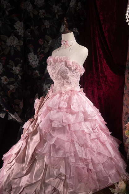 Cute Ball Gown Formal Events Strapless Pink Tulle With Appliqued Quince Dress Quinceanera Dresses Birthday Outfits RB8533