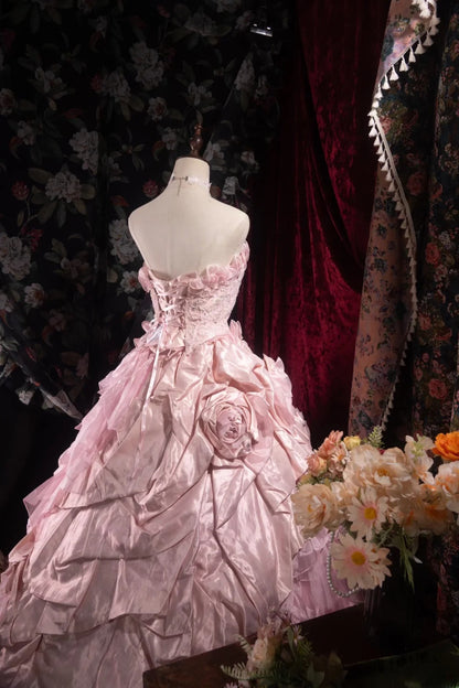 Cute Ball Gown Formal Events Strapless Pink Tulle With Appliqued Quince Dress Quinceanera Dresses Birthday Outfits RB8533