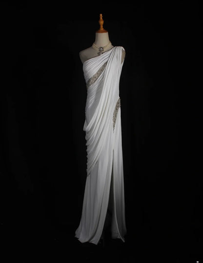 Retro 90s Sheath One Shoulder White Chiffon With Beads Bodice Long Prom Dresses Inspo 18th Birthday Outfit Formal Gown AS293