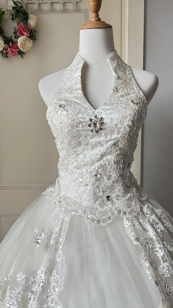 Timeless Wedding Dress Ball Gown Halter White Tulle With Appliques Lace Long Bridal Gown RC0629