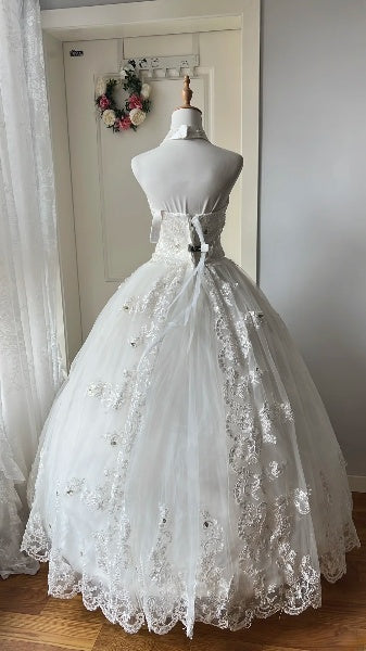 Timeless Wedding Dress Ball Gown Halter White Tulle With Appliques Lace Long Bridal Gown RC0629