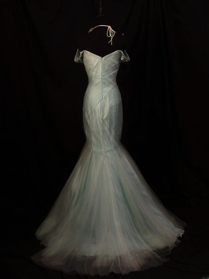 Modest Prom Dresses Mermaid Off The Shoulder Sage Green Tulle With Ruffled Long Night Evening Formal Outfits RB6134