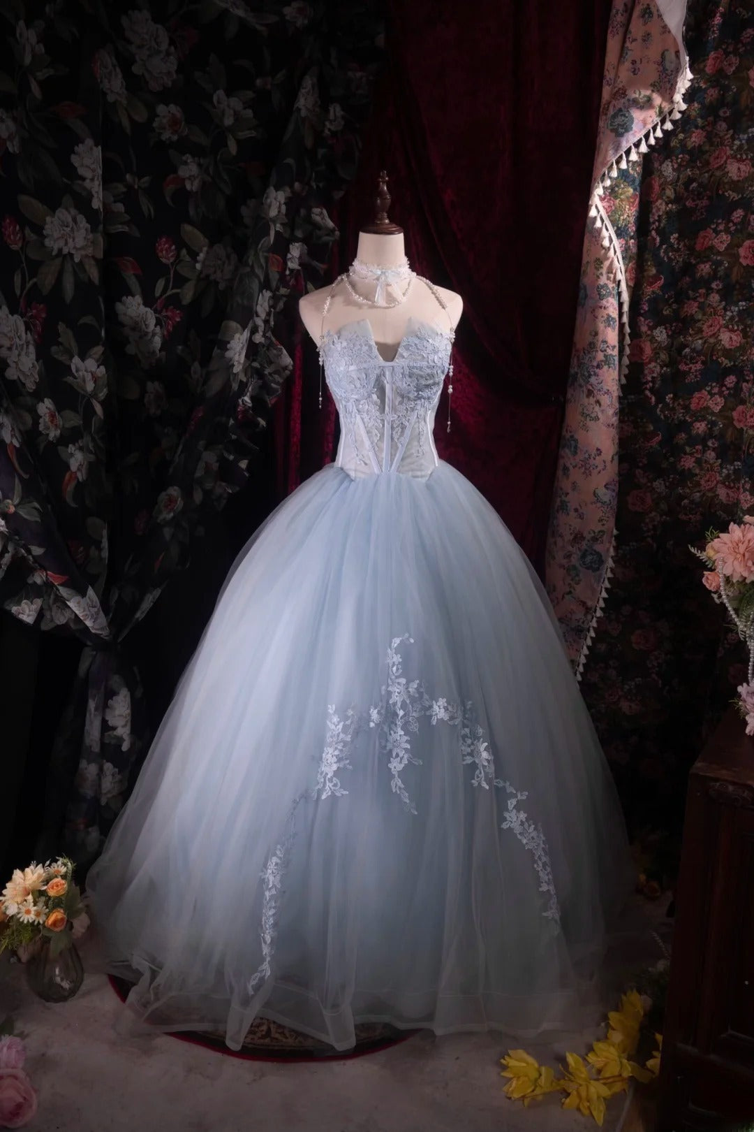 Regal Ball Gown Formal Events Sweetheart Light Sky Blue Tulle With Lace Quince Dress Long Quinceanera Dresses Birthday Outfits RB8535