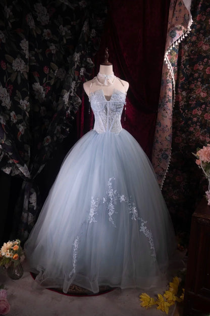 Regal Ball Gown Formal Events Sweetheart Light Sky Blue Tulle With Lace Quince Dress Long Quinceanera Dresses Birthday Outfits RB8535