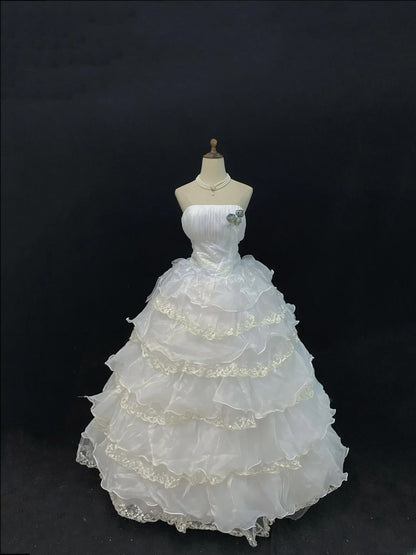 Cute Ball Gowns Strapless White Organza Poofy Long With Tiered Layers Lace Quince Dress inspo Quinceanera Dresses Vestidos De 16 anos RB7744