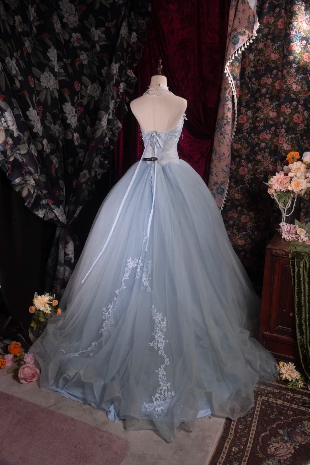 Regal Ball Gown Formal Events Sweetheart Light Sky Blue Tulle With Lace Quince Dress Long Quinceanera Dresses Birthday Outfits RB8535