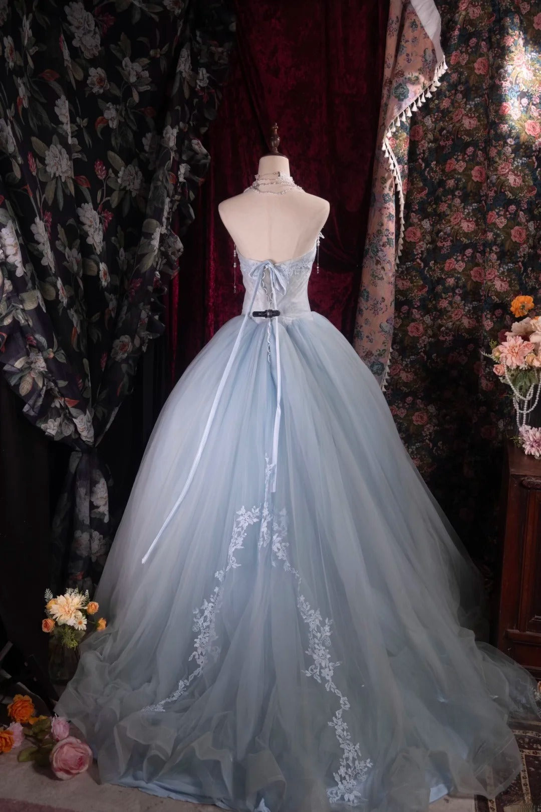 Regal Ball Gown Formal Events Sweetheart Light Sky Blue Tulle With Lace Quince Dress Long Quinceanera Dresses Birthday Outfits RB8535
