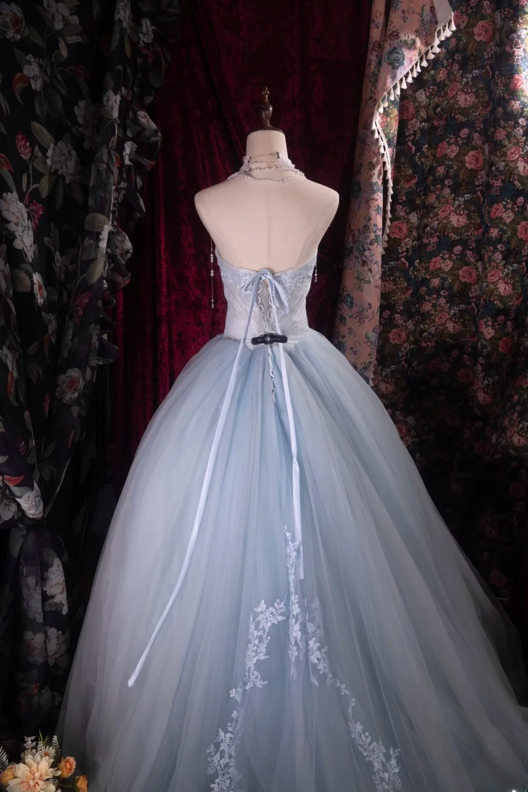 Regal Ball Gown Formal Events Sweetheart Light Sky Blue Tulle With Lace Quince Dress Long Quinceanera Dresses Birthday Outfits RB8535