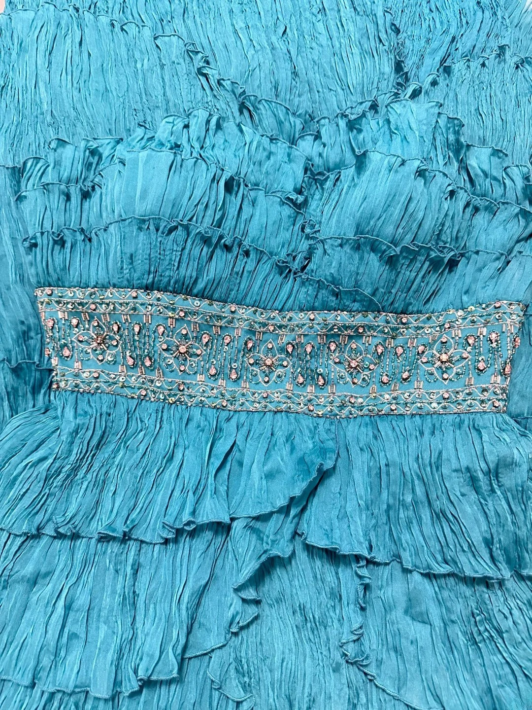 Vintage 1950s Prom Dresses A Line Strapless Blue Satin With Ruffle Tiered Crystals Party Gown Formal Outfits RB6135