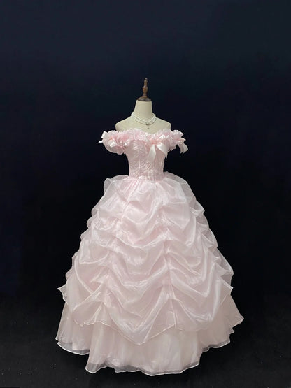 Cute Ball Gowns Off The Shoulder Pink Organza Poofy Long With Tiered Layers Quince Dress inspo Quinceanera Dresses Vestidos De 16 anos RB7745