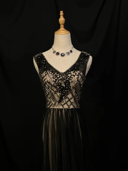 Vintage 70s Prom Dresses A Line V Neckline Black Tulle Satin With Crystals Party Gown Formal Outfits RB6136