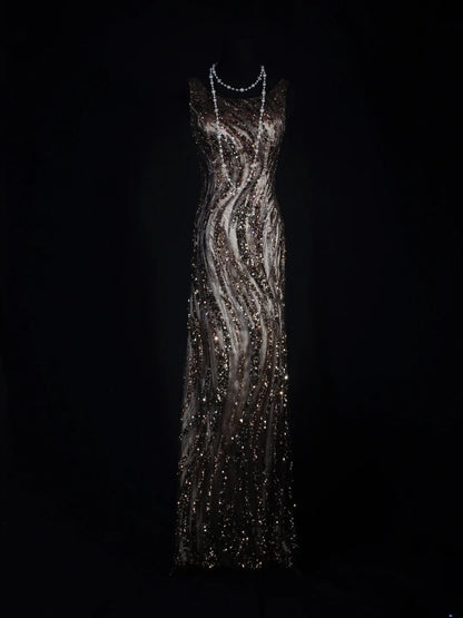 Vintage Mermaid 80s Boat Sequin With Beads Long Prom Dresses Impress 20th Birthday Outfit Formal Gowns AS296