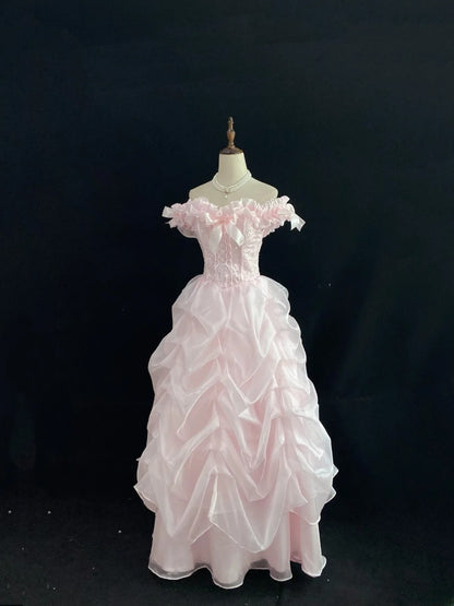 Cute Ball Gowns Off The Shoulder Pink Organza Poofy Long With Tiered Layers Quince Dress inspo Quinceanera Dresses Vestidos De 16 anos RB7745