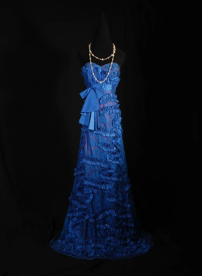 Vintage A Line Sweetheart Royal Blue Satin 1960s With Lace Beads Bodice Long Prom Dresses Impress 18th Birthday Outfit Formal Gown AS297