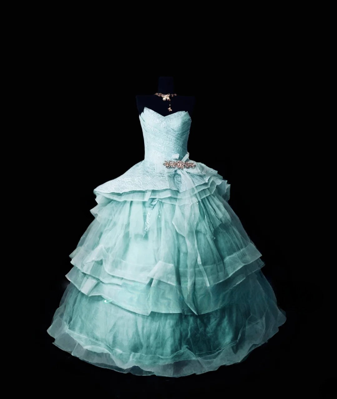 Tiered Ruffled Tulle Sweet 16 Dress, Sweetheart Blue Long Sweet Sixteen Party Gown RC0007