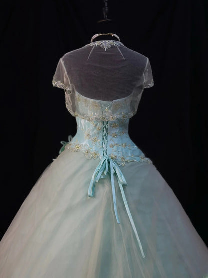 Pretty Ball Gown Sweetheart Light Green Tulle With Jacket Corset Fitted Long 15 Quinceanera Dresses Photo Ideas Formal Outfit RB6137