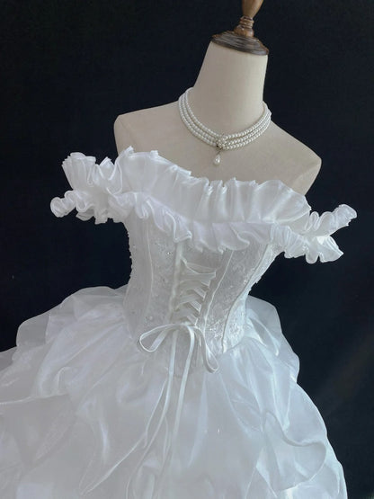 Cute Ball Gowns Off The Shoulder White Organza Poofy Long With Tiered Layers Quince Dress inspo Quinceanera Dresses Vestidos De 16 anos RB7746