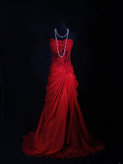 Vintage Mermaid Sweetheart Red Satin 1970s With Lace Beads Bodice Long Prom Dresses Inspo 18th Birthday Outfit Formal Gown AS298