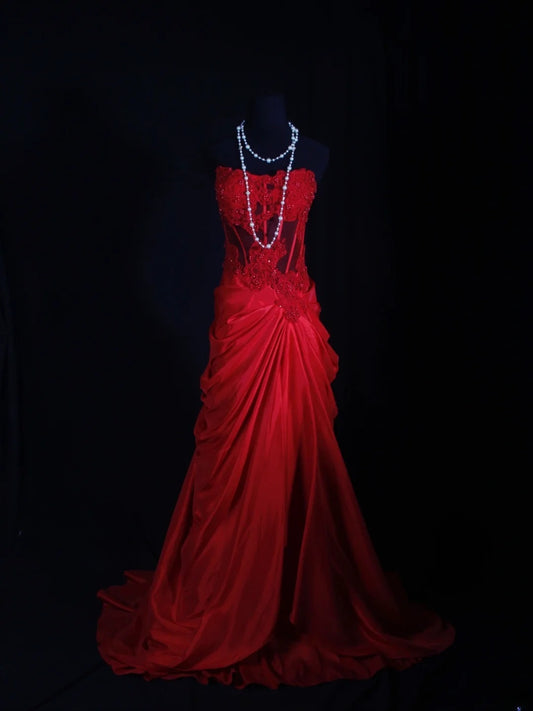 Vintage Mermaid Sweetheart Red Satin 1970s With Lace Beads Bodice Long Prom Dresses Inspo 18th Birthday Outfit Formal Gown AS298